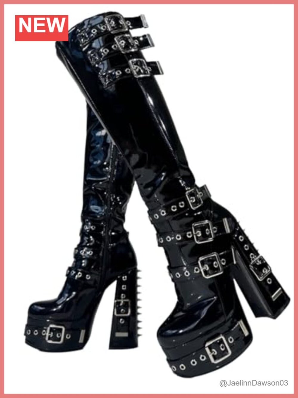 Goth Chunky Platform Knee High Boots Black Patent Silver Rivets Multi Buckle